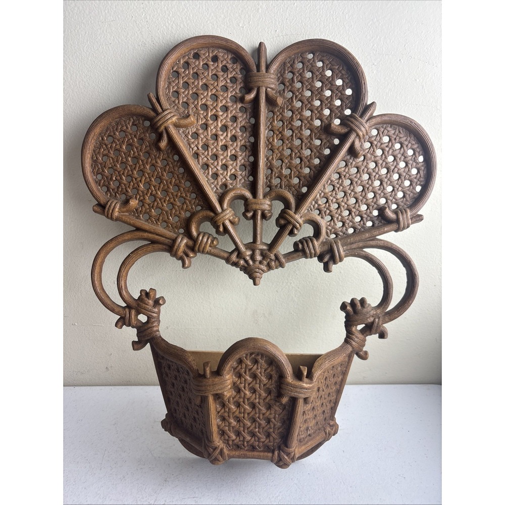 Vintage Burwood Products Brown Faux Wicker Rattan Fan Wall Pocket 1981 2537-1